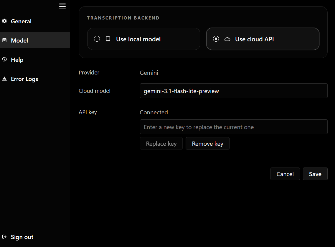 VibeSTT interface for cloud transcription.