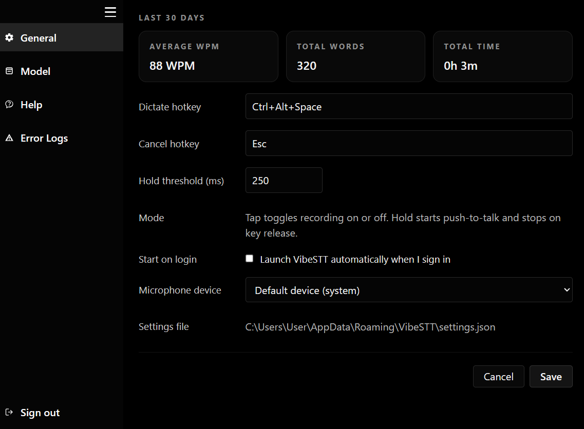 VibeSTT interface for general settings.
